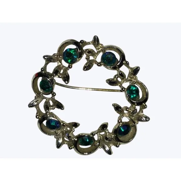 Vintage BSK Round Silver-Toned Brooch With Green Blue Rhinestones - Picture 8 of 13
